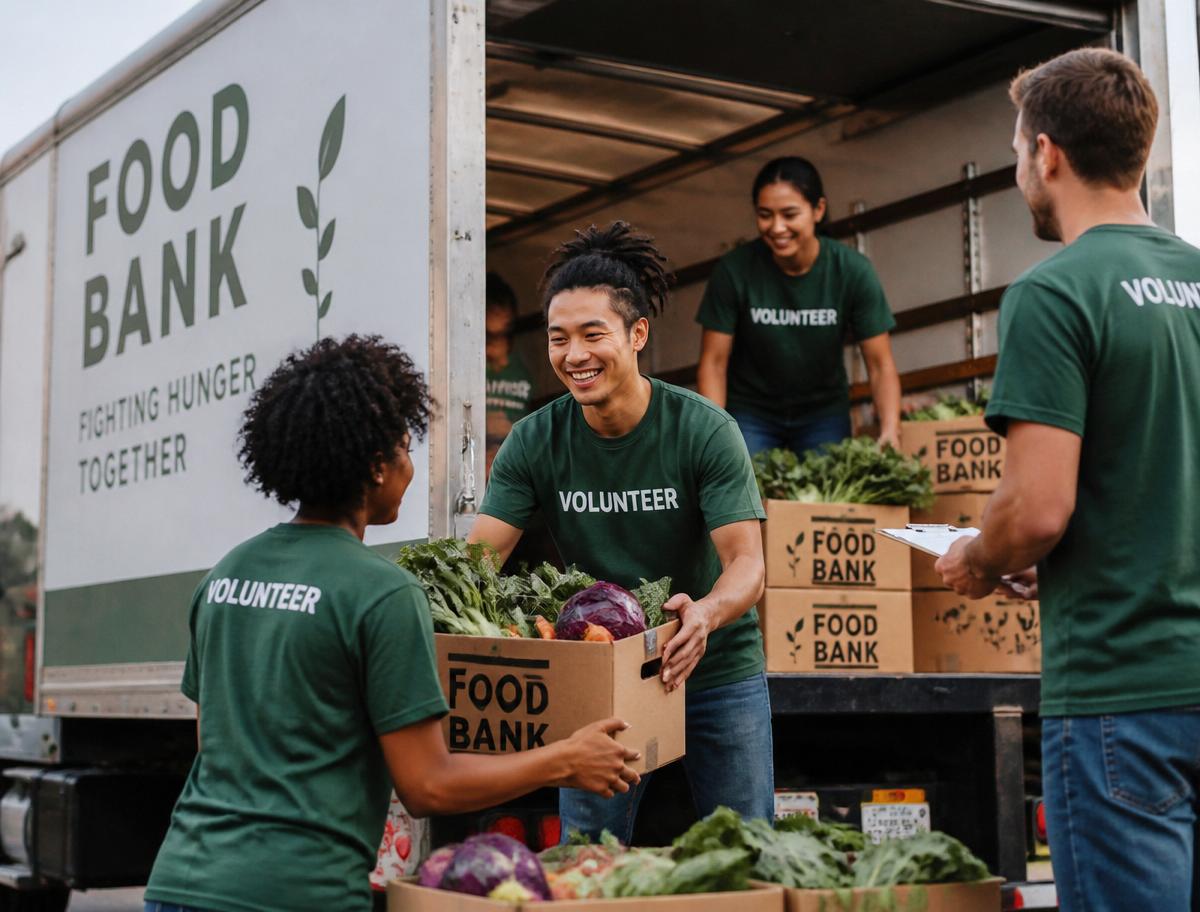 Food bank volunteers loading produce