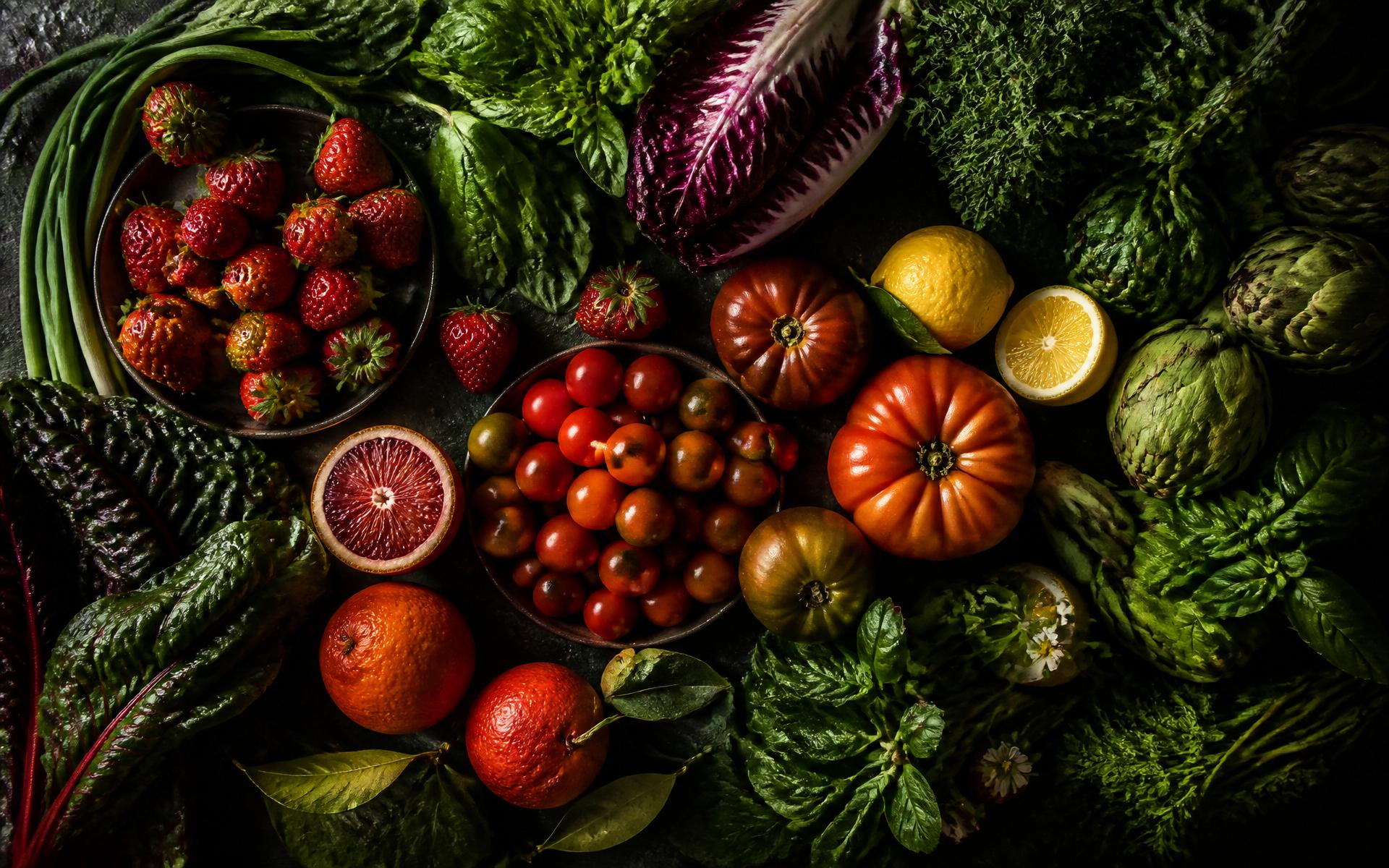 Fresh produce arranged on a dark surface